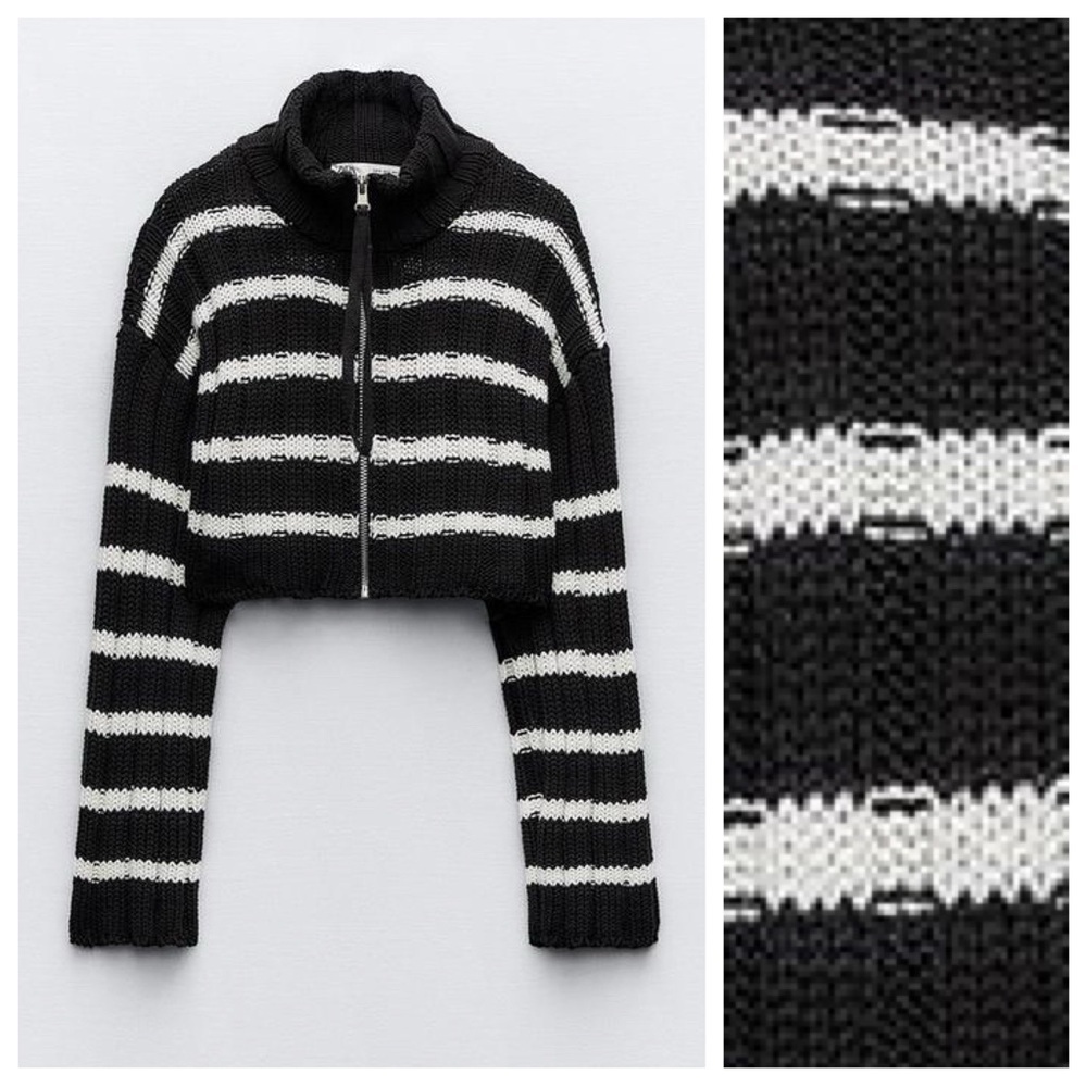 NWT. Zara Navy Blue Striped Knit Cropped High Neck Cardigan. Size S. - Picture 2 of 7